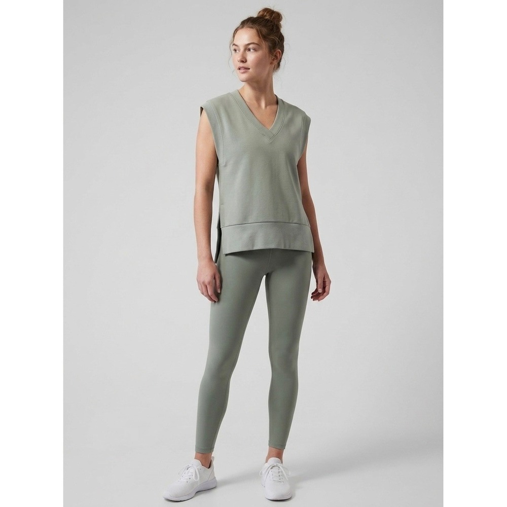 Athleta Coaster V-Neck Sweatshirt Vest Sage Green French Terry Sleeveless Top XS